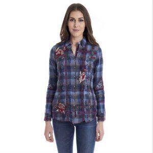 Johnny Was Workshop Womens Size Medium RAE Plaid Floral Embroidered Shirt Top